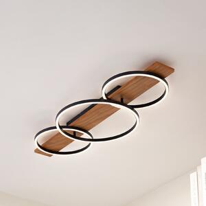 Lindby LED stropna svjetiljka Galad, crna, drvo, 3 žarulje, 98 cm, prigušiva, Drvo, Dnevni boravak/blagovaonica, Drvo, Pokrivač okrugli izravno