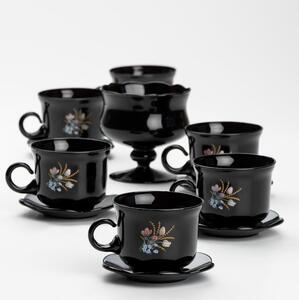Set 6x staklena šalica s tanjurićem i 1x posuda za šećer crna buket cvijeća br. 1