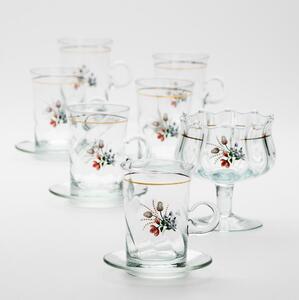 Set 6x staklena šalica s tanjurićem i 1x posuda za šećer prozirna buket cvijeća br. 4