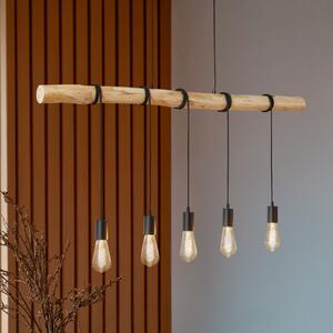 Lindby viseća lampa Rim, 5 lampi, drvo, konop, crna, 116 cm, prigušiva, Drvo, Dnevni boravak/blagovaonica, Drvo