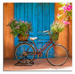 Slika na platnu - Priloženi bicikl s cvijećem - kvadrat 374A (50x50 cm)