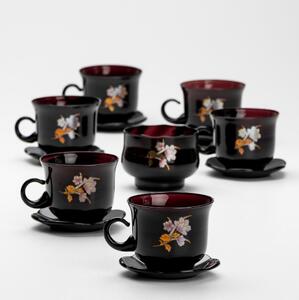 Set 6x staklena šalica s tanjurićem i 1x posuda za šećer crna buket cvijeća br. 3