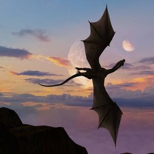 Ilustracija Illustration of single horned dragon soaring, BWFolsom