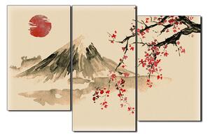 Slika na platnu - Tradicionalno sumi-e slikarstvo: sakura, sunce i planine 1271FD (120x80 cm)