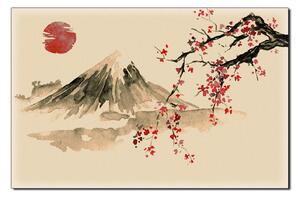 Slika na platnu - Tradicionalno sumi-e slikarstvo: sakura, sunce i planine 1271FA (100x70 cm)