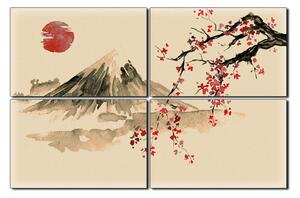 Slika na platnu - Tradicionalno sumi-e slikarstvo: sakura, sunce i planine 1271FE (150x100 cm)