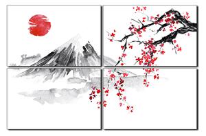 Slika na platnu - Tradicionalno sumi-e slikarstvo: sakura, sunce i planine 1271E (90x60 cm)