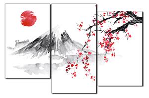 Slika na platnu - Tradicionalno sumi-e slikarstvo: sakura, sunce i planine 1271D (90x60 cm)