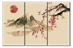 Slika na platnu - Tradicionalno sumi-e slikarstvo: sakura, sunce i planine 1271FB (90x60 cm )