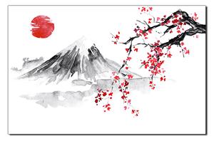 Slika na platnu - Tradicionalno sumi-e slikarstvo: sakura, sunce i planine 1271A (90x60 cm )