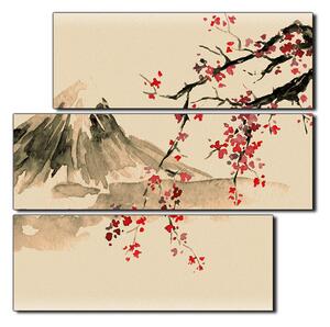 Slika na platnu - Tradicionalno sumi-e slikarstvo: sakura, sunce i planine - kvadrat 3271FD (75x75 cm)