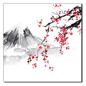 Slika na platnu - Tradicionalno sumi-e slikarstvo: sakura, sunce i planine - kvadrat 3271A (50x50 cm)