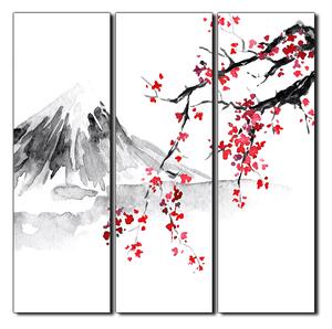 Slika na platnu - Tradicionalno sumi-e slikarstvo: sakura, sunce i planine - kvadrat 3271B (75x75 cm)