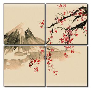 Slika na platnu - Tradicionalno sumi-e slikarstvo: sakura, sunce i planine - kvadrat 3271FE (60x60 cm)