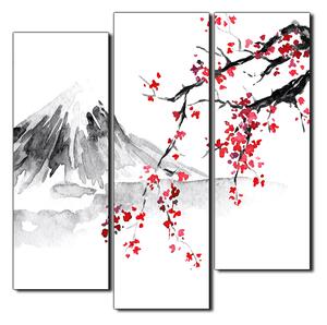 Slika na platnu - Tradicionalno sumi-e slikarstvo: sakura, sunce i planine - kvadrat 3271C (75x75 cm)