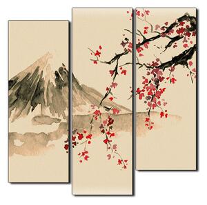 Slika na platnu - Tradicionalno sumi-e slikarstvo: sakura, sunce i planine - kvadrat 3271FC (75x75 cm)
