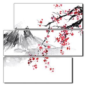 Slika na platnu - Tradicionalno sumi-e slikarstvo: sakura, sunce i planine - kvadrat 3271D (75x75 cm)