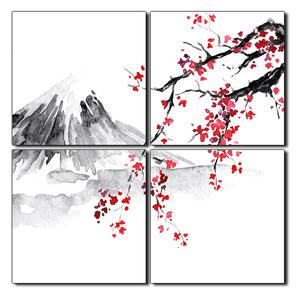 Slika na platnu - Tradicionalno sumi-e slikarstvo: sakura, sunce i planine - kvadrat 3271E (60x60 cm)