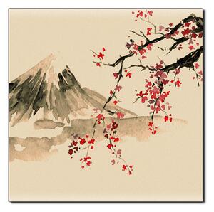 Slika na platnu - Tradicionalno sumi-e slikarstvo: sakura, sunce i planine - kvadrat 3271FA (50x50 cm)