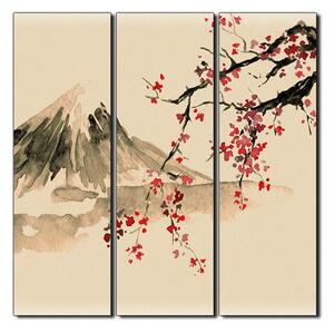 Slika na platnu - Tradicionalno sumi-e slikarstvo: sakura, sunce i planine - kvadrat 3271FB (75x75 cm)