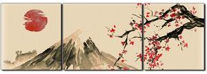 Slika na platnu - Tradicionalno sumi-e slikarstvo: sakura, sunce i planine - panorama 5271FC (90x30 cm)
