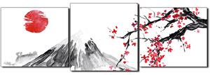 Slika na platnu - Tradicionalno sumi-e slikarstvo: sakura, sunce i planine - panorama 5271D (90x30 cm)