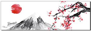 Slika na platnu - Tradicionalno sumi-e slikarstvo: sakura, sunce i planine - panorama 5271A (105x35 cm)