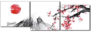Slika na platnu - Tradicionalno sumi-e slikarstvo: sakura, sunce i planine - panorama 5271E (90x30 cm)