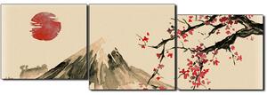 Slika na platnu - Tradicionalno sumi-e slikarstvo: sakura, sunce i planine - panorama 5271FE (150x50 cm)