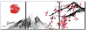 Slika na platnu - Tradicionalno sumi-e slikarstvo: sakura, sunce i planine - panorama 5271C (90x30 cm)