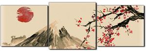 Slika na platnu - Tradicionalno sumi-e slikarstvo: sakura, sunce i planine - panorama 5271FD (90x30 cm)