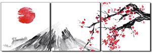Slika na platnu - Tradicionalno sumi-e slikarstvo: sakura, sunce i planine - panorama 5271B (150x50 cm)