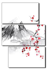 Slika na platnu - Tradicionalno sumi-e slikarstvo: sakura, sunce i planine - pravokutnik 7271D (90x60 cm)