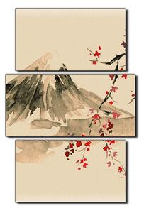 Slika na platnu - Tradicionalno sumi-e slikarstvo: sakura, sunce i planine - pravokutnik 7271FC (90x60 cm)