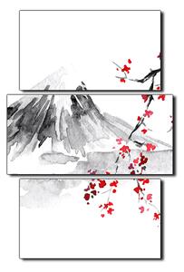 Slika na platnu - Tradicionalno sumi-e slikarstvo: sakura, sunce i planine - pravokutnik 7271C (90x60 cm)