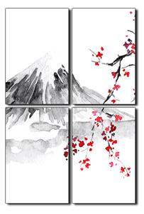 Slika na platnu - Tradicionalno sumi-e slikarstvo: sakura, sunce i planine - pravokutnik 7271E (120x80 cm)