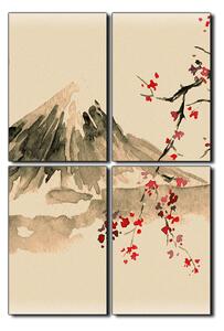 Slika na platnu - Tradicionalno sumi-e slikarstvo: sakura, sunce i planine - pravokutnik 7271FE (90x60 cm)