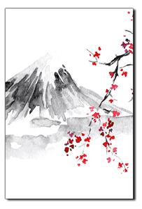 Slika na platnu - Tradicionalno sumi-e slikarstvo: sakura, sunce i planine - pravokutnik 7271A (60x40 cm)
