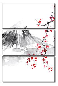 Slika na platnu - Tradicionalno sumi-e slikarstvo: sakura, sunce i planine - pravokutnik 7271B (90x60 cm )