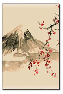 Slika na platnu - Tradicionalno sumi-e slikarstvo: sakura, sunce i planine - pravokutnik 7271FA (90x60 cm )