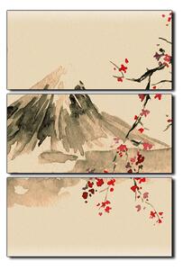 Slika na platnu - Tradicionalno sumi-e slikarstvo: sakura, sunce i planine - pravokutnik 7271FB (90x60 cm )
