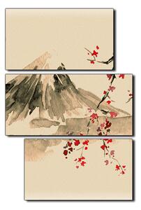Slika na platnu - Tradicionalno sumi-e slikarstvo: sakura, sunce i planine - pravokutnik 7271FD (90x60 cm)