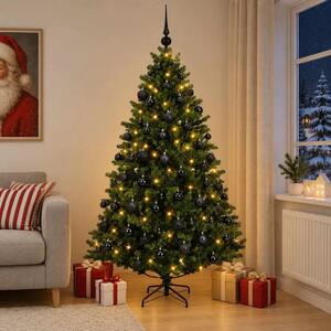 Umjetno božićno drvce s kuglicama 180 cm 300 LED lampica - Zelena 180 cm s LED-ima i crnim lopticama