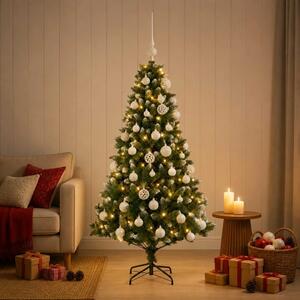 Umjetno božićno drvce s kuglicama 120 cm 150 LED lampica - 120 cm s LED žaruljama i bijelim kuglicama