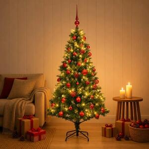 Umjetno božićno drvce s kuglicama 120 cm 150 LED lampica - 120 cm s LED-ima i crvenim lopticama