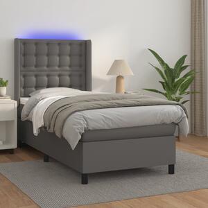Krevet box spring s madracem LED sivi 90x190 cm od umjetne kože - Siva / 90 x 190 cm