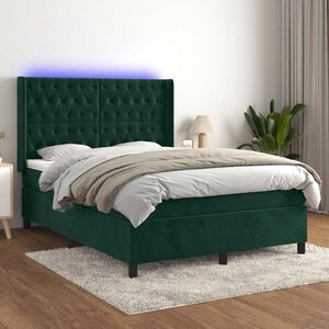 Krevet box spring s madracem LED tamnozeleni 140x200 cm baršun - Zelena / 140 x 200 cm