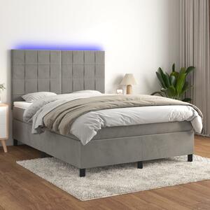 Krevet box spring s madracem LED svjetlosivi 140x190 cm baršun - Siva / 140 x 190 cm