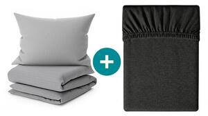Set krep posteljine DENYX BLEND sivo, hotelski džep + Jersey plahta 90 x 200 cm tamno siva, za jednokrevetni krevet