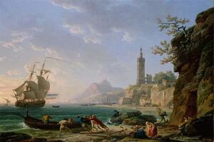 Reprodukcija A Coastal Mediterranean Landscape with a Dutch Merchantman in a Bay, Claude Joseph Vernet